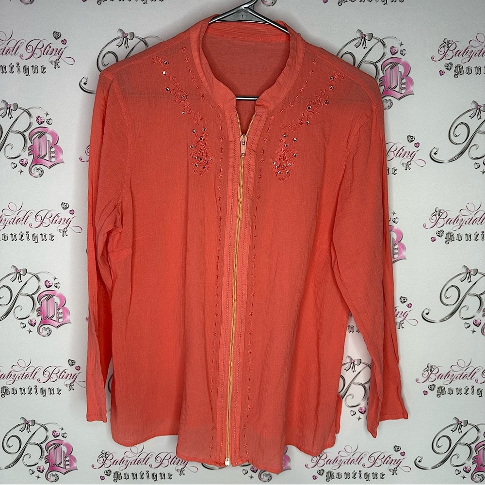 Cardigan sweater rhinestone bling embroidery zip up zipper lightweight orange